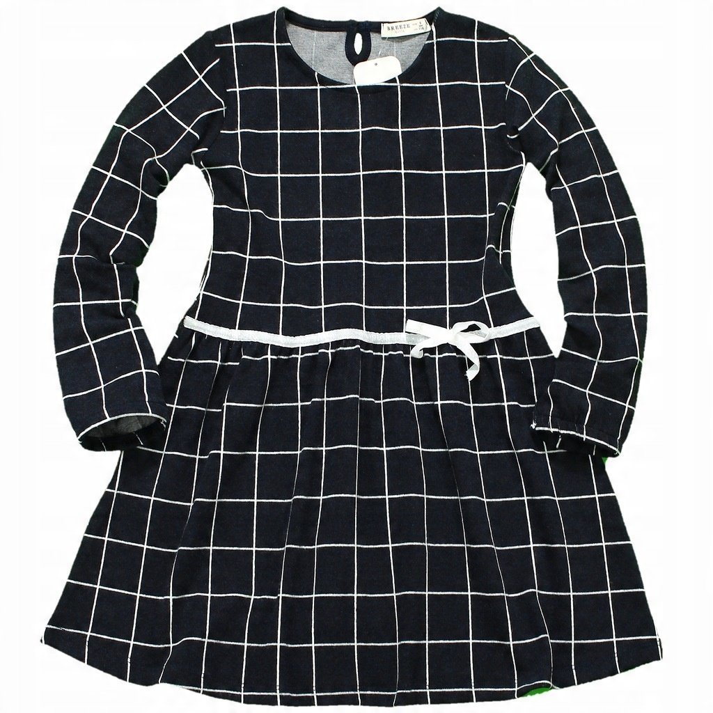 Sukienka W Kratkę Granat Kokardka Brokat Rękaw 110