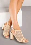 Sandały damskie - Beżowe Sandały Vices na Słupku z Ażurową Cholewką i Skórzaną Wkładką Saramiae - miniaturka - grafika 1