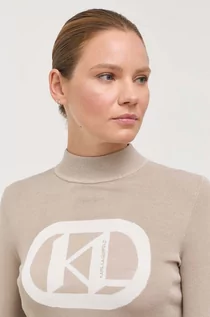 Swetry damskie - Karl Lagerfeld sweter damski kolor beżowy lekki z półgolfem - grafika 1