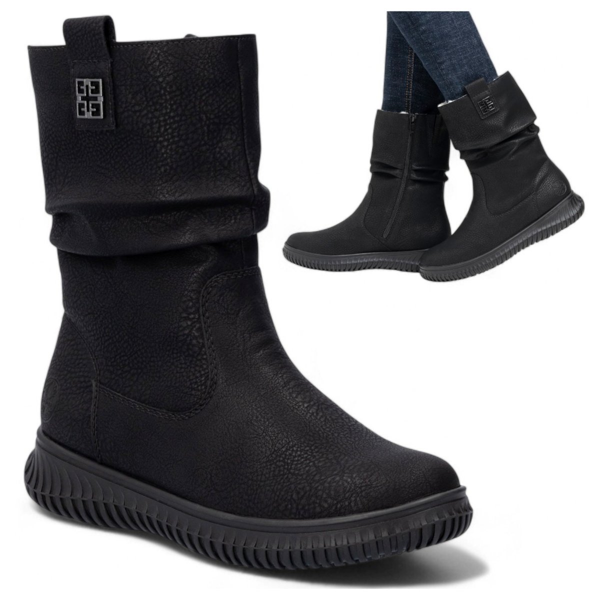 RIEKER Zimowe Botki damskie 38 Trzewiki Ocieplane Wygodne Płaskie Czarne