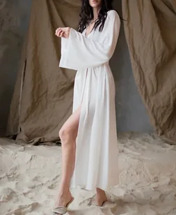 Satynowy szlafrok damski z długimi rękawami - Biały - Szlafroki damskie - miniaturka - grafika 1