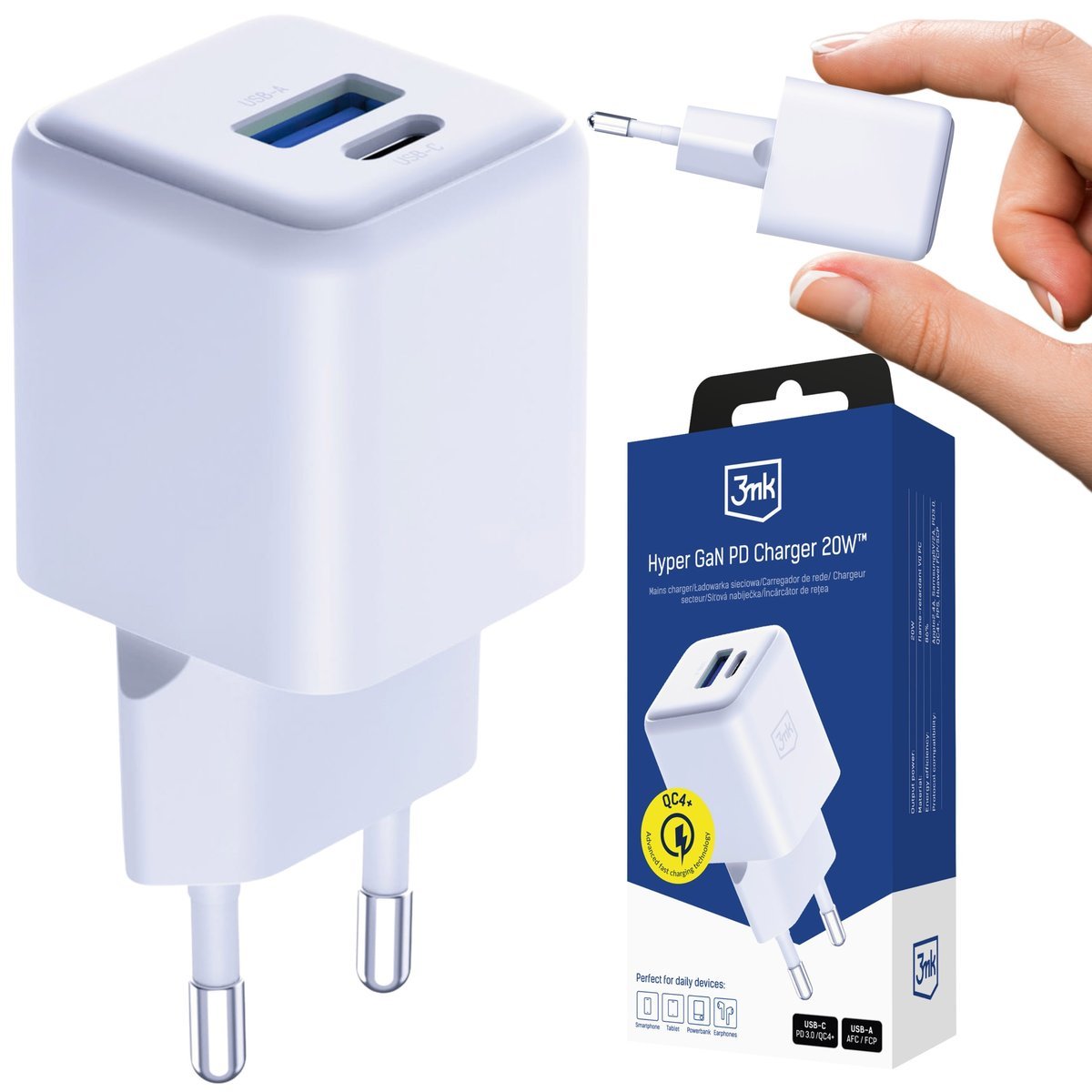Biała ładowarka sieciowa SZYBKIE ŁADOWANIE, 20W QC4+ PD PPS, DWA porty USB-C USB-A 3mk Hyper GaN PD Charger