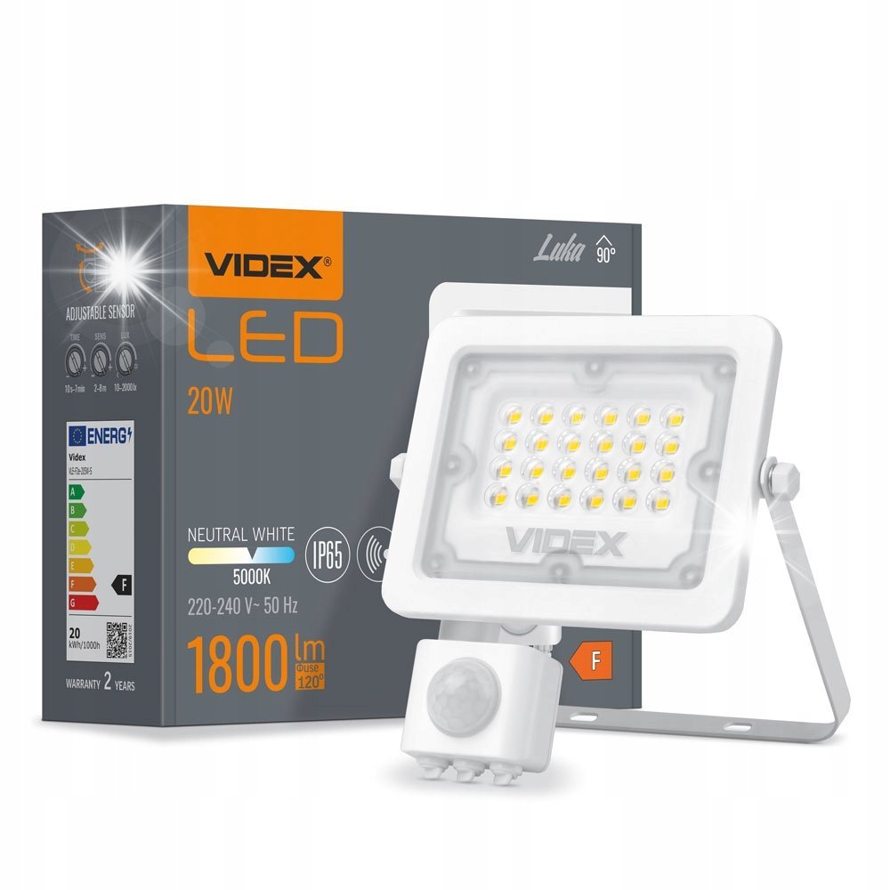 HALOGEN Lampa NAŚWIETLACZ LED 20W z CZUJNIKIEM RUCHU zewnętrzny BIAŁY Videx