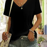 Bluzki damskie - TEMU Damski Biały Oversize T-Shirt z Dekoltem w Serek - Krótki Rękaw, Top o Kształcie V i Zaokrąglonym Kołnierzem, Casual na Każdą Porę Roczna, - miniaturka - grafika 1