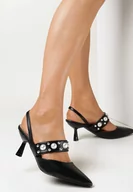Sandały damskie - Czarne Sandały na Niskiej Szpilce z Perełkami i Szpiczastym Noskiem Titarene - miniaturka - grafika 1