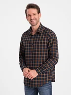 Koszule męskie - Męska flanelowa koszula w kratę SLIM FIT - granatowo-pomarańczowa V1 OM-SHCS-0145 - Ombre Clothing - miniaturka - grafika 1