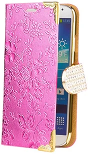 iCues Samsung Galaxy S4 Chrom Blumen Torba różowa [folia ochronna na wyświetlacz w zestawie] Floral Strass brokat luksusowy Bling kobiety kobiety dziewczyny chrom Book Etui z klapką Otwierana Flip Case Pokrowiec ochronny Booklet Etui na telefon komórkowy - Etui i futerały do telefonów - miniaturka - grafika 1