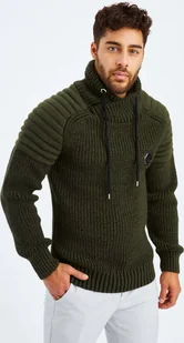 Męski sweter z kołnierzem szalowym Leif Nelson z grubej dzianiny z kołnierzem szalowym LN-5235, khaki czarny / L - Swetry męskie - miniaturka - grafika 1