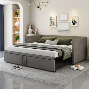 Flieks sofa rozkładana 90x200cm/180x200cm łóżko dzienne, łóżko dziecięce z listwowym stelażem i podłokietnikami, łóżko gościnne, łóżko młodzieżowe, aksamit, szary - Sofy i kanapy - miniaturka - grafika 1