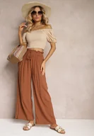 Spodnie damskie - Brązowe Spodnie z Bawełny High Waist z Szerokimi Nogawkami i Gumką w Pasie Clisea - miniaturka - grafika 1