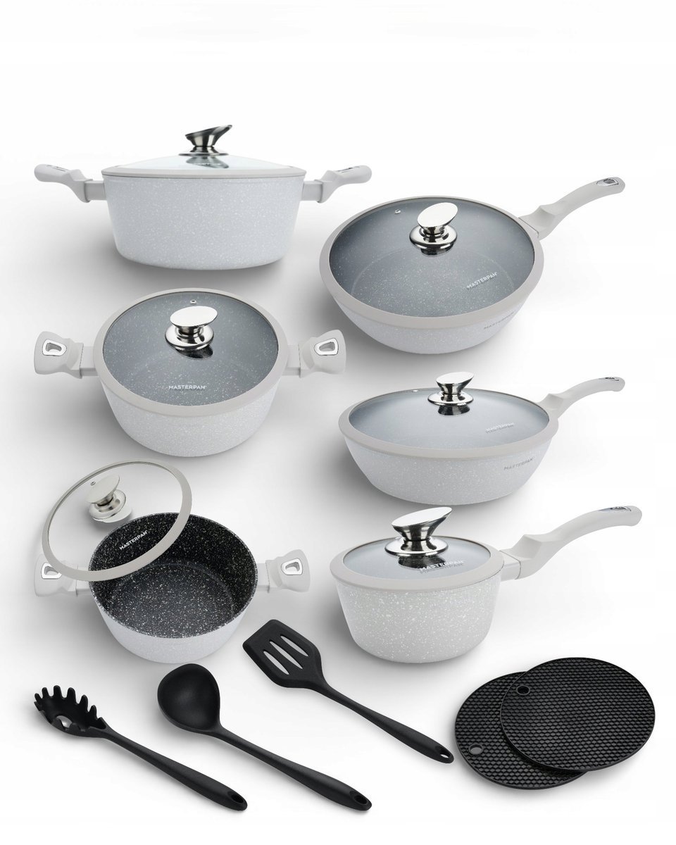 KOMPLET GARNKÓW MARMURKOWYCH 15EL. POWŁOKA GRANITOWA INDUKCJA GAZ SZARE