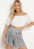 Spodenki damskie - Niebieskie Szerokie Szorty Plisowane z Wysokim Stanem z Gumką w Pasie i Materiałowym Paskiem Cersefia - miniaturka - grafika 1