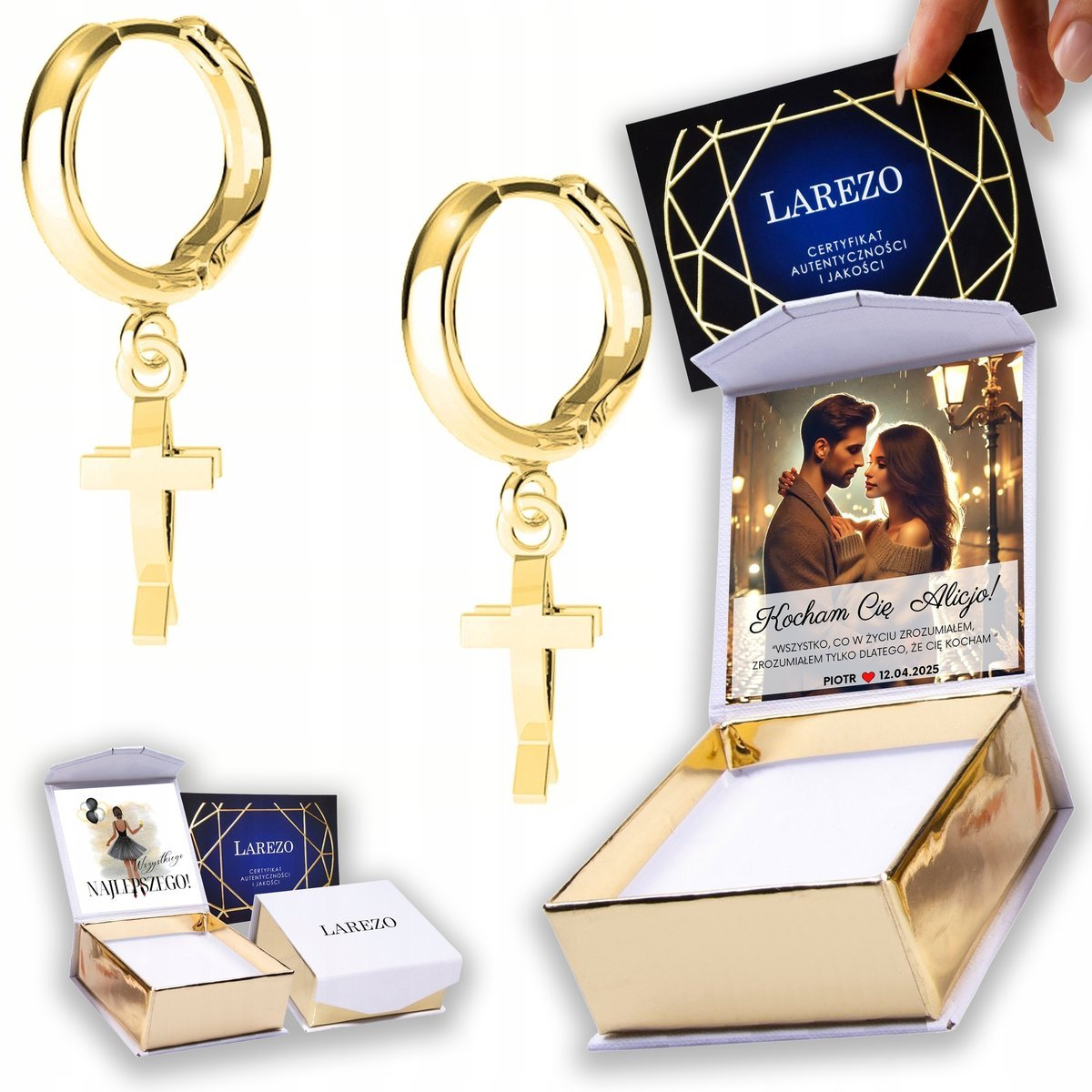 Złote Kolczyki 925 Krzyże Rybki Cross Krzyżyki Ryby Krzyż NADRUK