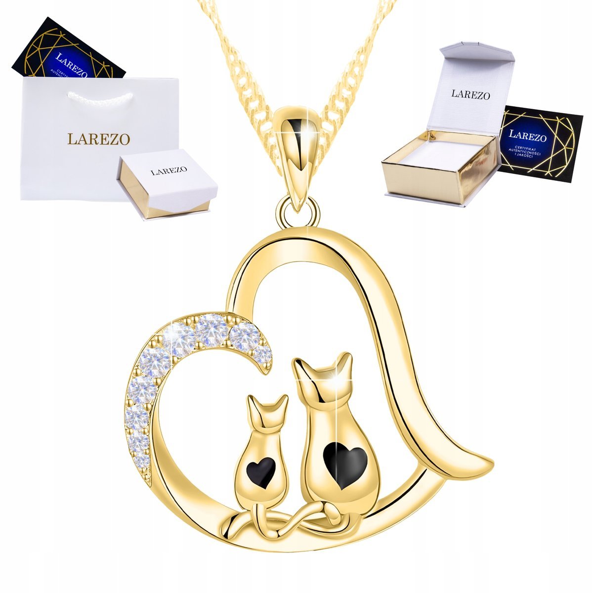 Złoty Naszyjnik Serce z Cyrkoniami Best Friend Pozłacany 585 Kot w Sercu