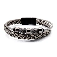 Bransolety męskie - Bransoletka skórzana szara - skóra naturalna + koraliki EM - EM Men's Accessories - miniaturka - grafika 1