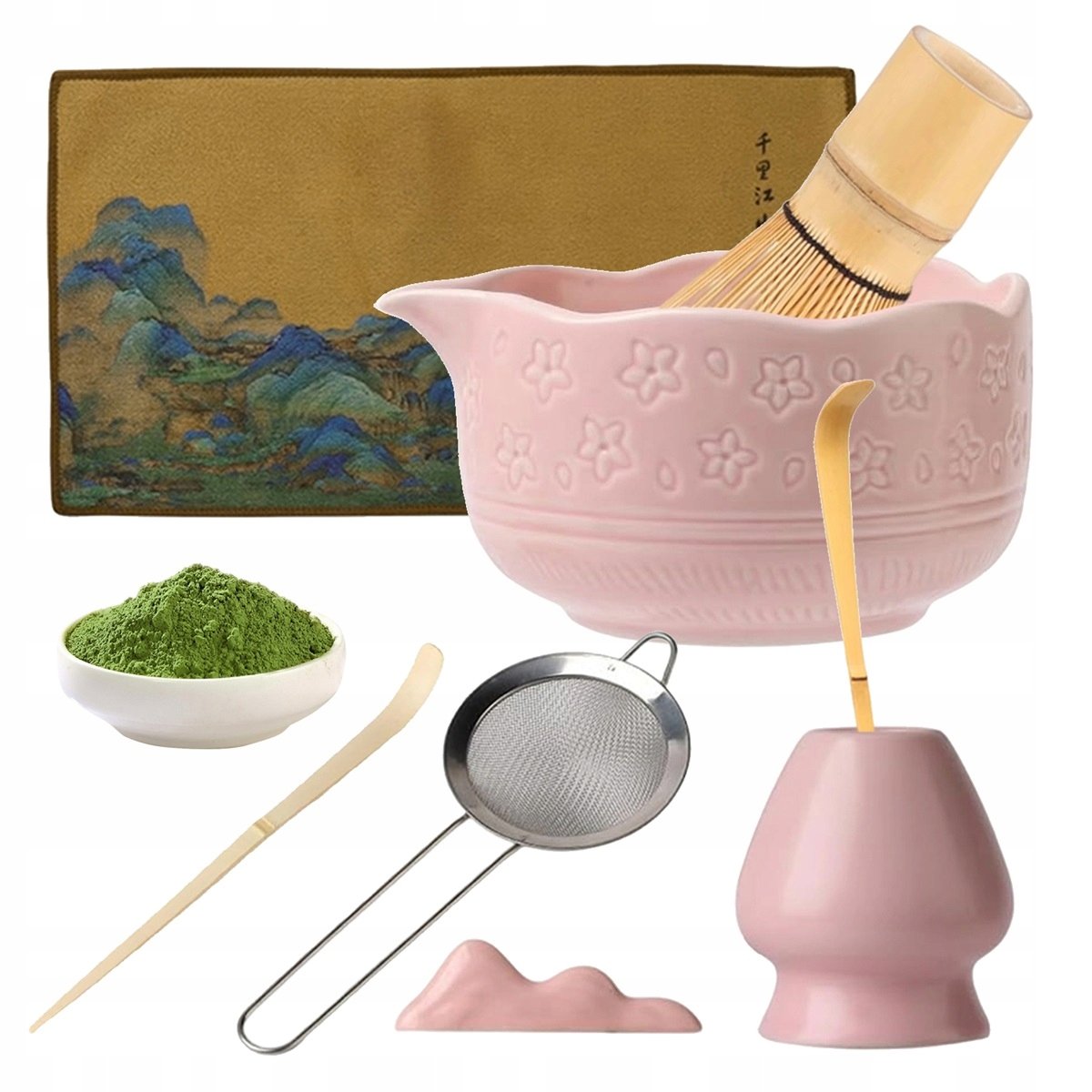Zestaw Do Matcha Różowy Kompletny Z Bambusową Trzepaczką I Stojakiem