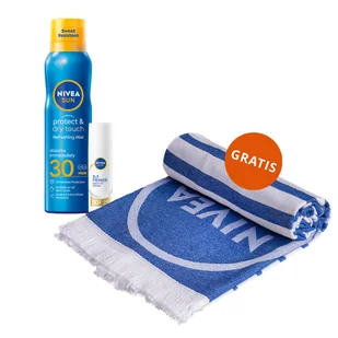 Zestaw Nivea Sun Protect & Dry Touch, balsam do opalania w aerozolu, SPF 30, 200 ml + serum do twarzy 2w1, SPF 50+, 30 ml + ręcznik plażowy gratis - Balsamy i kremy do opalania - miniaturka - grafika 1