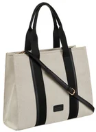 Torebki damskie - Płócienna shopperka damska do ręki lub na ramię beżowo - czarna PETERSON duża torebka miejska na suwak mieści A4 kieszonki na drobiazgi w komplecie .. - miniaturka - grafika 1