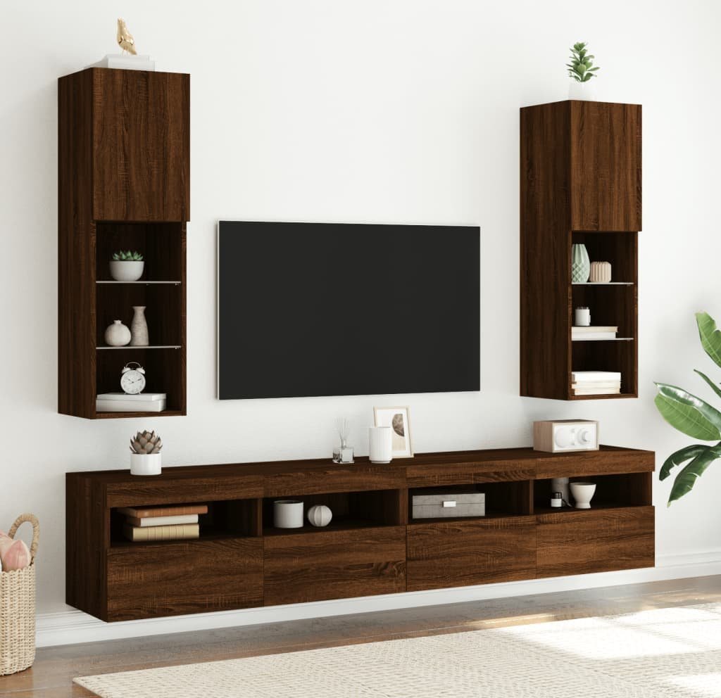 vidaXL Szafki TV, z LED, 2 szt., brązowy dąb, 30,5x30x102 cm