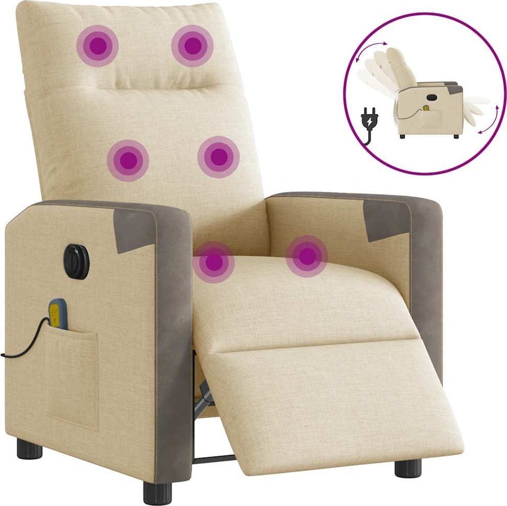 vidaXL Rozkładany fotel masujący, elektryczny, kremowy, tkanina