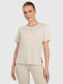 Koszulki sportowe damskie - 4F Koszulka treningowa regular szybkoschnąca damska - beżowa L - miniaturka - grafika 1