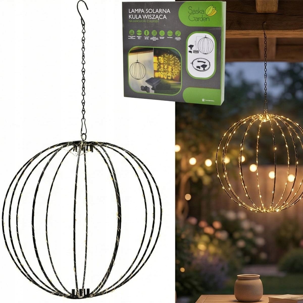 Saska garden LAMPA SOLARNA WISZĄCA KULA 30CM 120 LED CIEPŁY BIAŁY