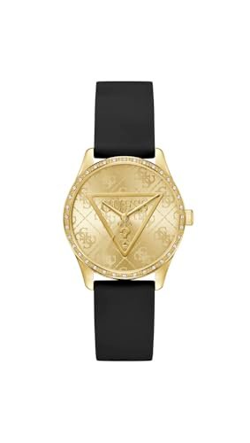 Guess Roxy damski zegarek na rękę, analogowy kwarcowy, stal nierdzewna, 36 mm, pasek silikonowy, czarny, 3 bar, kolor tarczy: złoty, GW0942L2