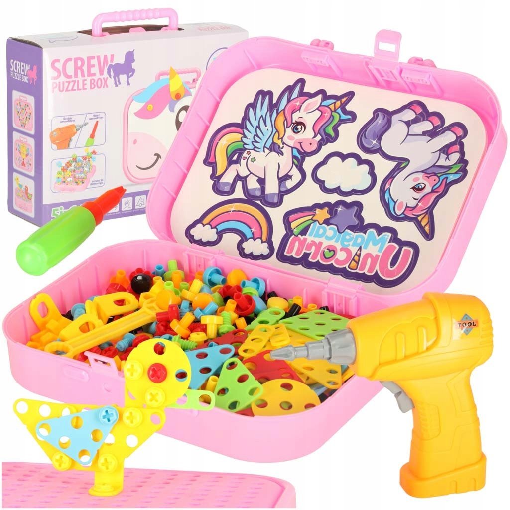 Klocki konstrukcyjne JEDNOROŻEC układanka walizka kreatywna wkrętarka 285el