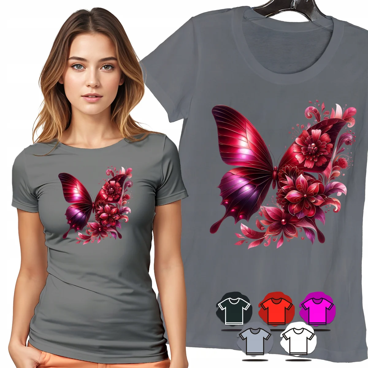 KOSZULKA DAMSKA T-SHIRT - MOTYL BORDOWY KWIATY ELEGANCKI WZÓR DAMSKI - S