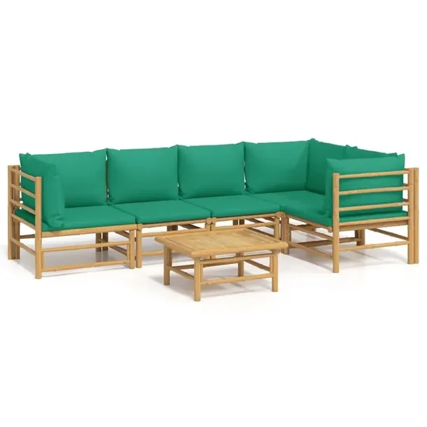 Zestaw mebli ogrodowych z bambusa z zielonymi poduszkami, 55-69 cm