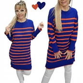 Bluzki damskie - Długa Tunika Sweterkowa w Paski Sukienka granat dopasowana 46 48 3XL 4XL - miniaturka - grafika 1