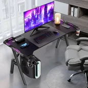 Biurka gamingowe - LZQ Stół do gier LED 120 cm x 60 cm, biurko dla graczy z haczykiem na słuchawki i powłoką węglową Ergonomiczny stół do komputera PC z uchwytem na kubek, czarny - miniaturka - grafika 1