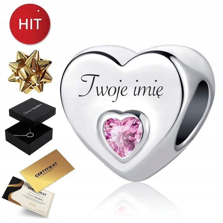 Srebrny Charms Z Grawerem Zawieszka Serce Koralik 925 Beads Bransoletka