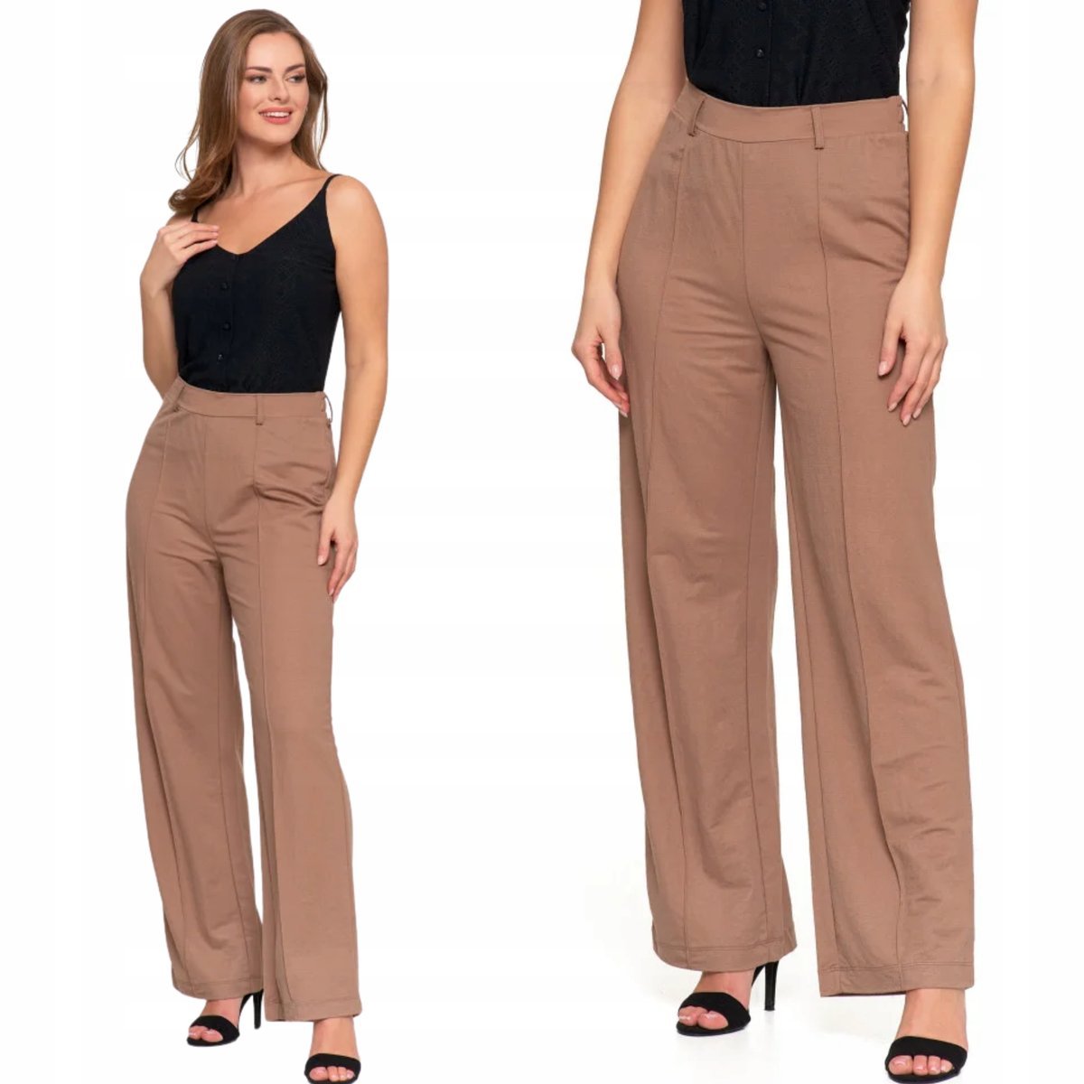 SPODNIE DAMSKIE Z GUMKĄ W PASIE ELEGANCKIE PROSTA NOGAWKA STYLOWE MORAJ S BEIGE