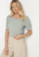Koszulki i topy damskie - Zielony Prążkowany T-shirt z Zakładkami przy Rękawach Kolanovia - miniaturka - grafika 1