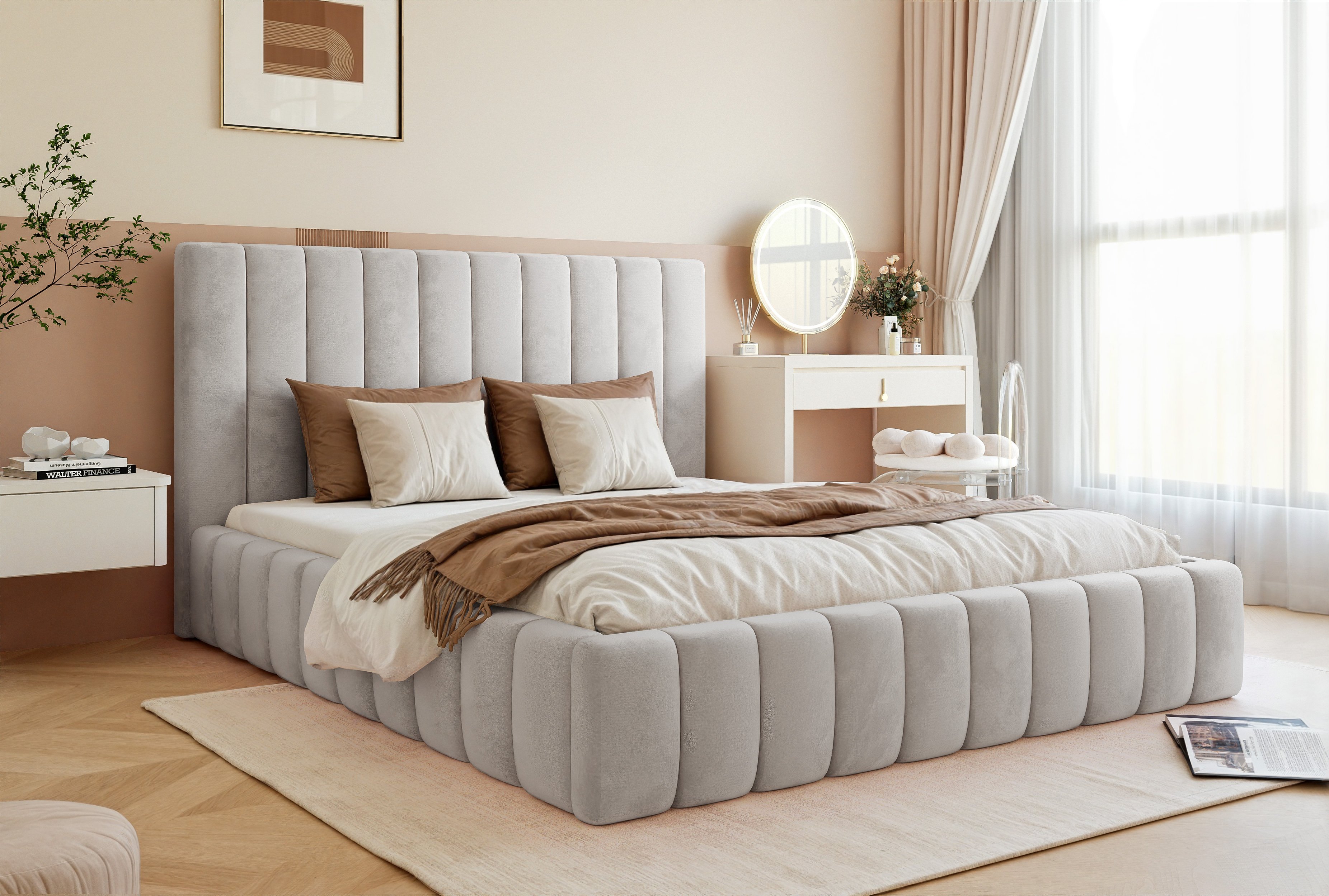 Meble Besilio - Podwójne łóżko 200x200 Tina Slim - Łóżko tapicerowane, łóżko do sypialni ze stelażem i podstawą łóżka - Aksamitna tkanina - Jasnoszary& Velluto 15