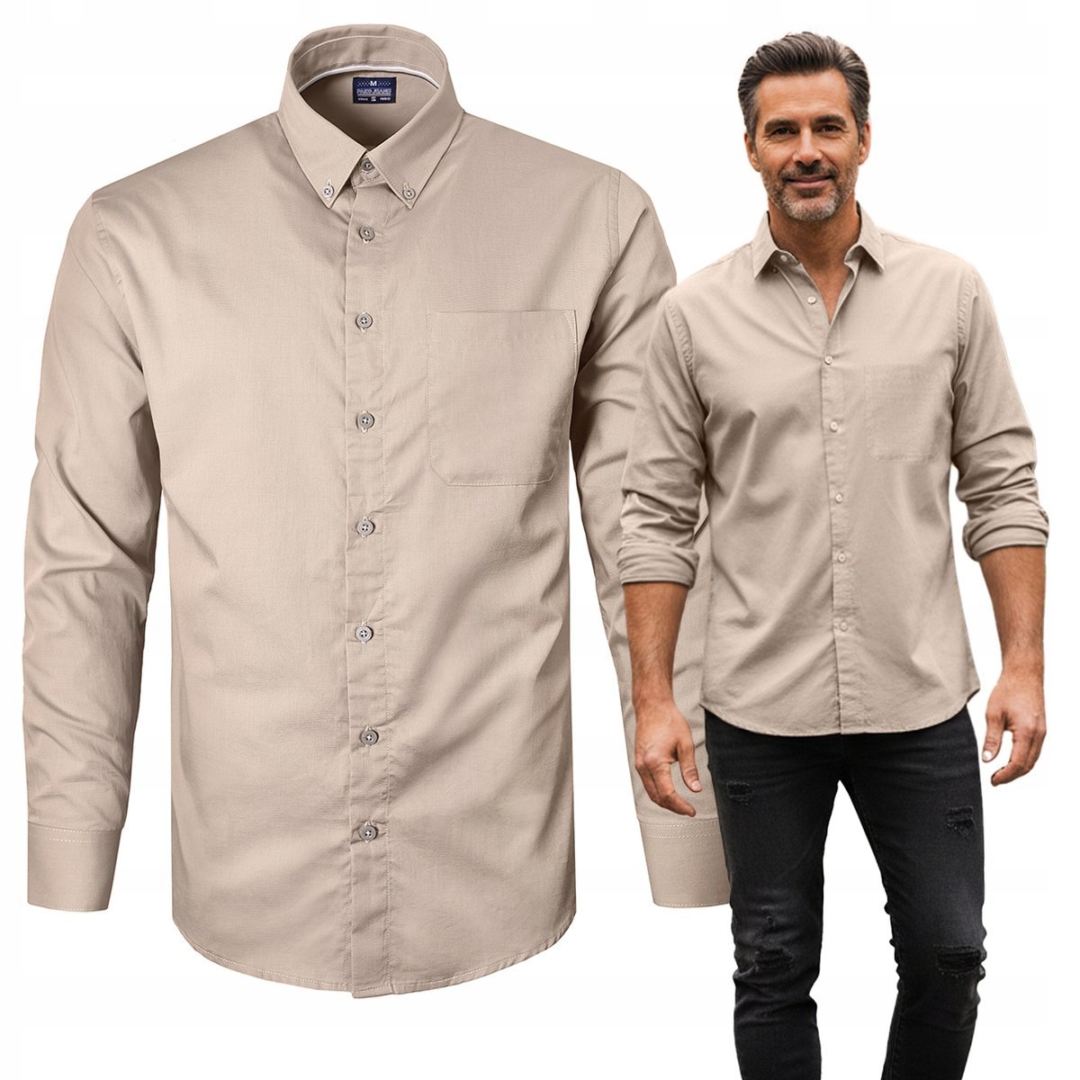 KOSZULA Męska z Długim Rękawem Bawełniana Beżowa Slim Fit L Pako Jeans
