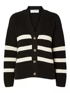 Swetry damskie - SELECTED FEMME SLFBLOOMIE LS Knit V-Neck Kardigan NOOS, Czarny/paski: śnieżnobiały, L - miniaturka - grafika 1