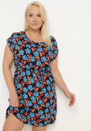 Sukienki - Czarno-Niebieska Pudełkowa Sukienka z Wiskozy Wiązana Sznurkiem w Talii Tiamadine - miniaturka - grafika 1