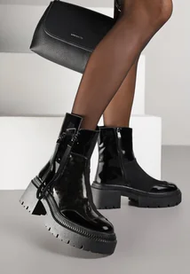 Czarne Lakierowane Botki Vices z Ozdobną Tasiemką Rivavie - Botki damskie - miniaturka - grafika 1