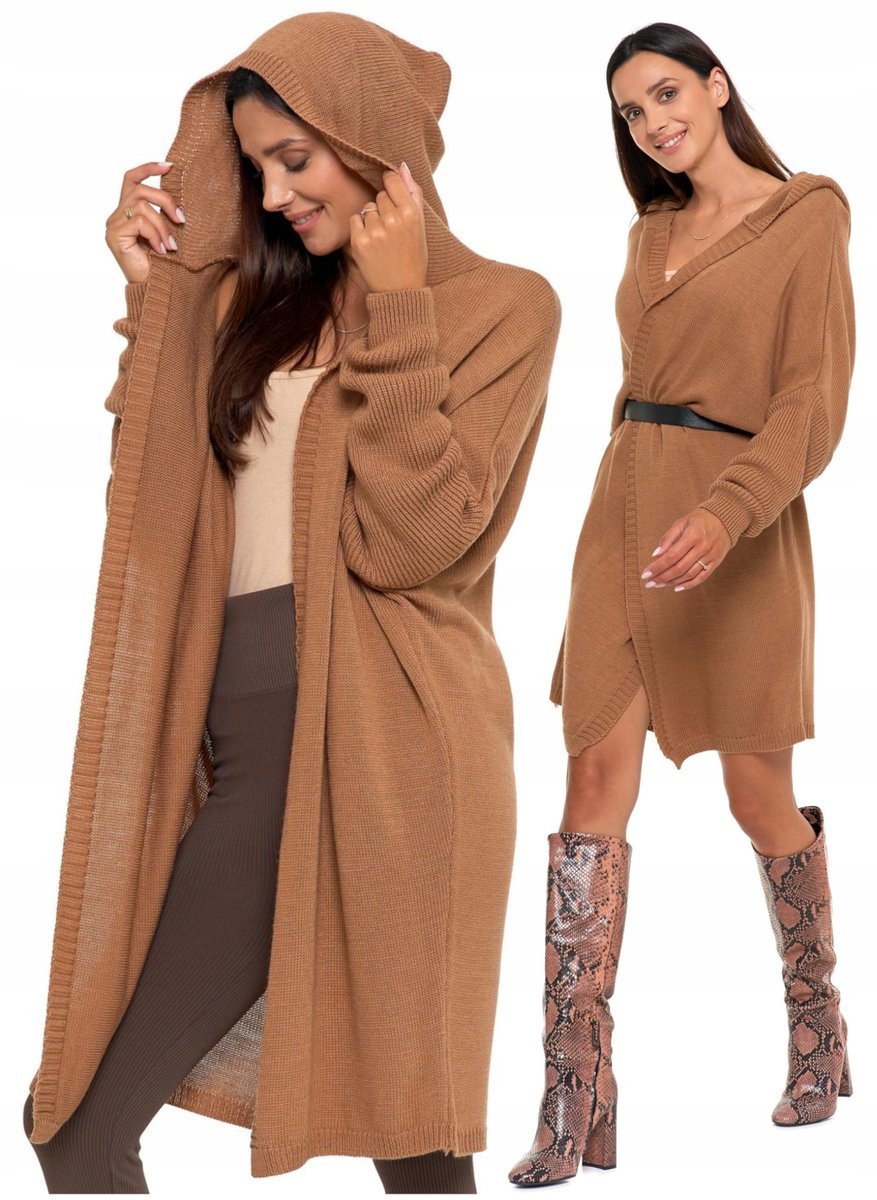 Sweter Damski Długi Kardigan z Kapturem Elegancki Ciepły Luźny Fason MORAJ