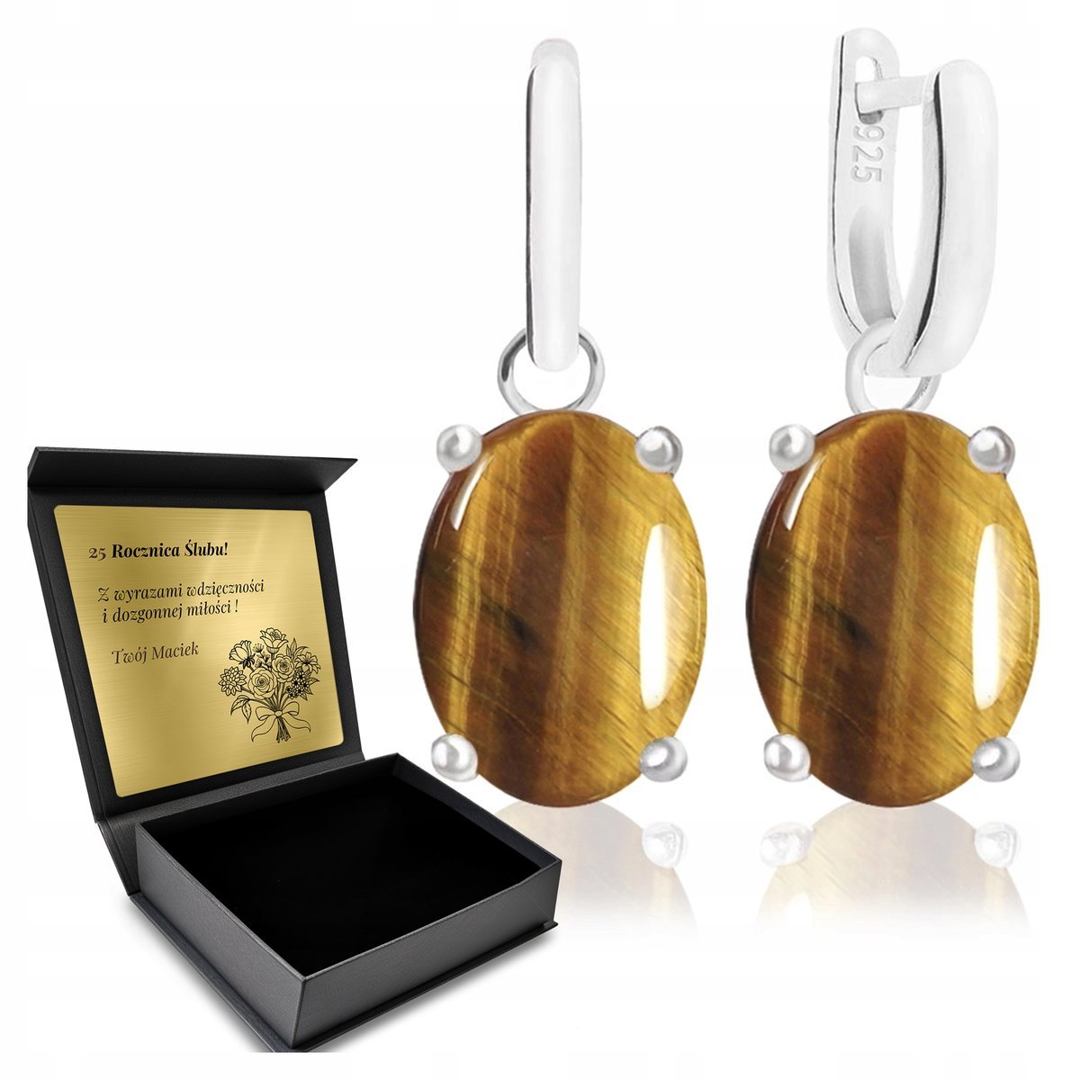 Kolczyki Srebrne 925 Tygrysie Oko Biżuteria Dla Kobiety + Grawer