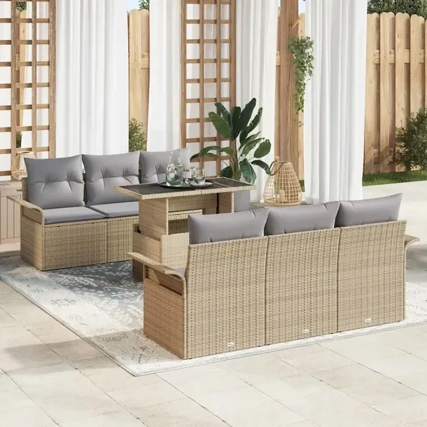 7-częściowy Zestaw Sof Ogrodowych, Beżowy i Jasnoszary, Rattan