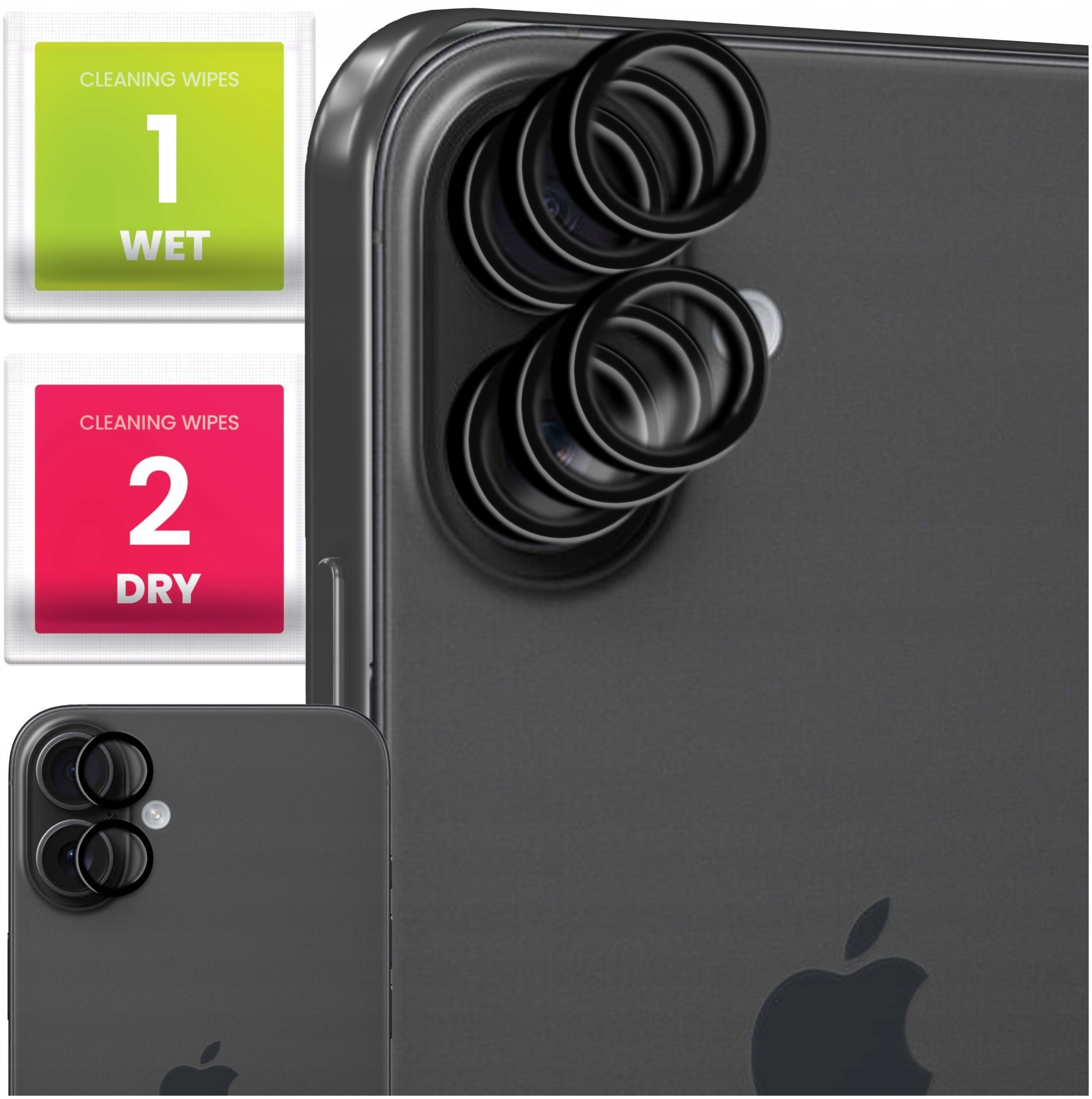 6x Szkło Na Aparat Do Apple iPhone 16 / 16 Plus Na Obiektywy, Czarne, 9H