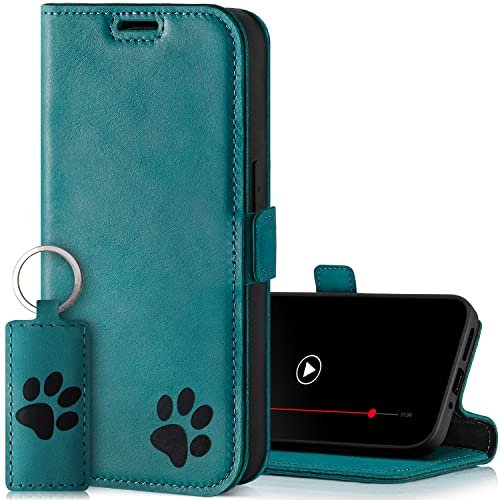 SURAZO Etui na telefon komórkowy Samsung Galaxy A15, cienkie, magnetyczne etui ze skóry – etui ochronne z prawdziwej skóry z motywem łapy – etui z klapką RFID [funkcja stojaka, przegródka na karty]