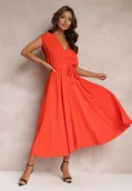 Sukienki - Pomarańczowa Rozkloszowana Sukienka Maxi z Kopertowym Dekoltem i Wiązanym Paskiem Hallona - miniaturka - grafika 1