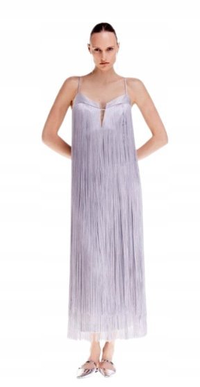 KAREN MILLEN SREBRNA SUKIENKA Z FRĘDZLAMI DLA WYSOKICH 40 B1C