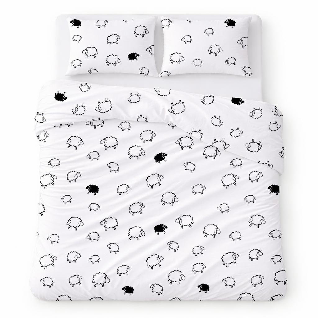 Pościel bawełniana 160x200 biała w czarne i białe owieczki, dziecięcy minimalistyczny - COTTON HOME KIDS