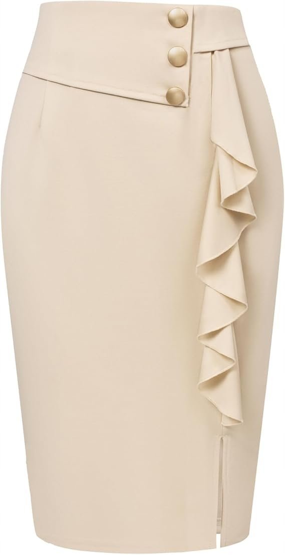 Damska spódnica ołówkowa z rozcięciem z falbankami Beżowa Wysoki stan r. S