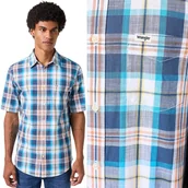 Koszule męskie - Wrangler 1 POCKET SHIRT Navy BAWEŁNIANA KOSZULA W KRATĘ KRÓTKI RĘKAW S - miniaturka - grafika 1